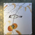 色紙　墨彩画　柿と雀