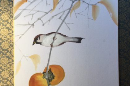 色紙　墨彩画　柿と雀
