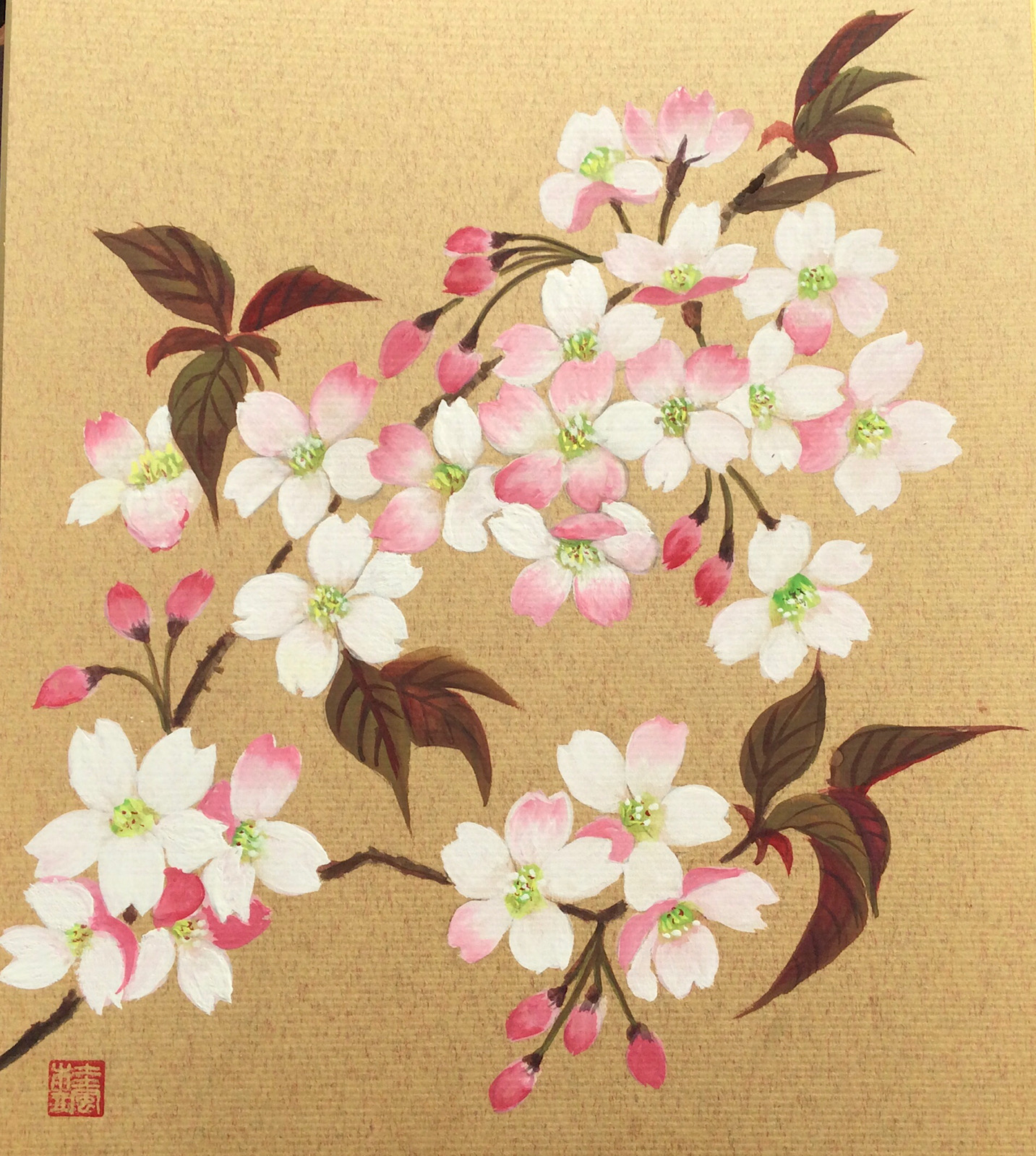 色紙　墨彩画　桜の花