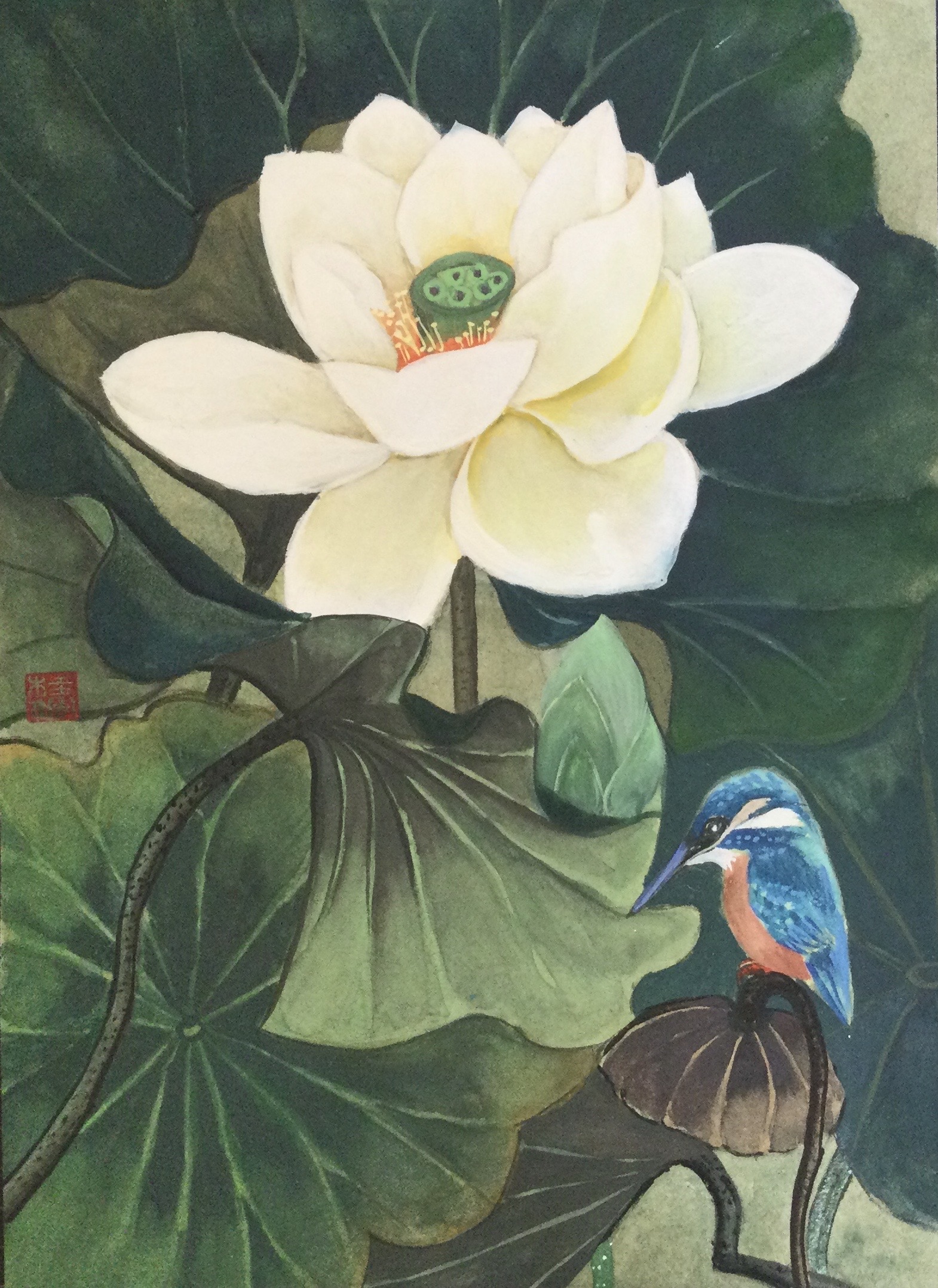 顔彩だけで描く日本画 蓮の花とかわせみ 絵の統一感は どうやって作る さわやか墨彩画教室